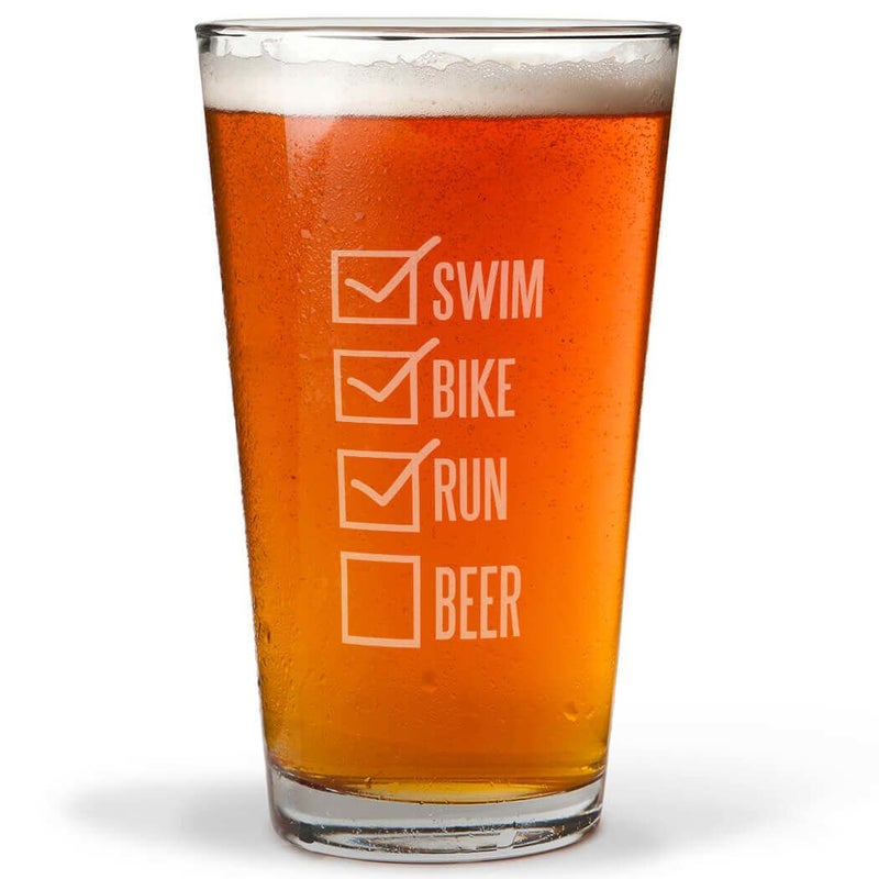 Gone For a Run Swim Bike Run Checklist Engraved Beer Pint Glass | 16 oz. - Image 1